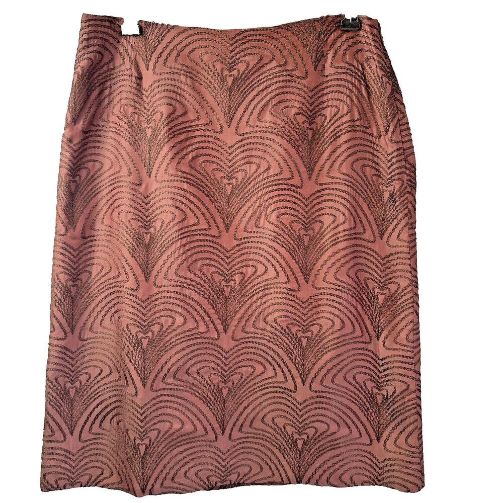 Tocca Women's Burnt Orange Silk Blend Embroidered Knee-Length Pencil Skirt Sz 4